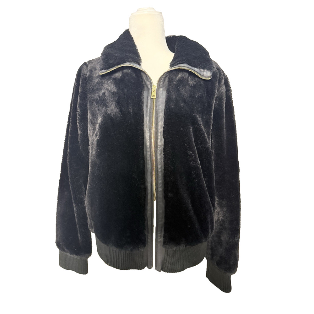 Marc New York Andrew Marc Faux Fur Bomber‎ Jacket Women's L Black Zip Front